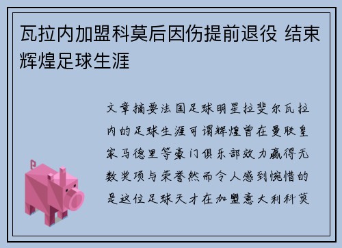 瓦拉内加盟科莫后因伤提前退役 结束辉煌足球生涯
